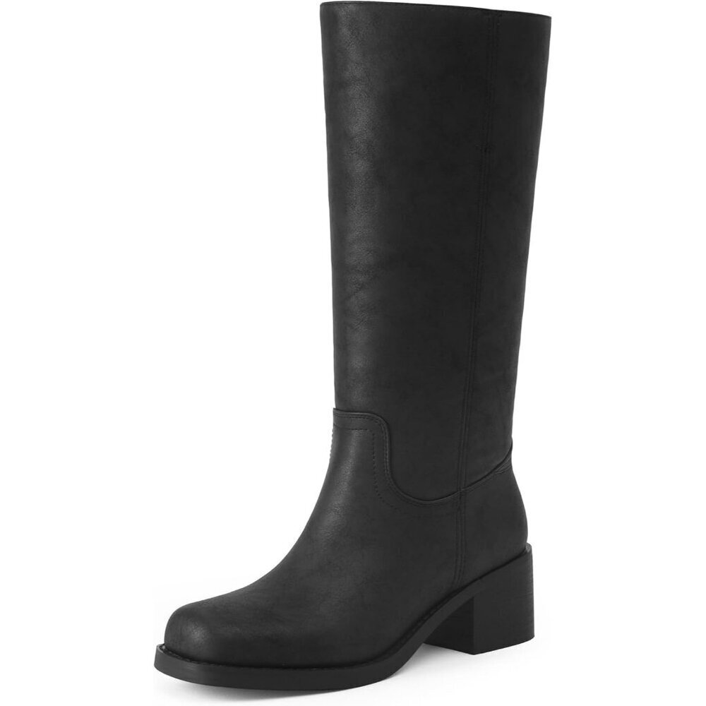 Women's Black Mid Calf Boots Chunky Block Heel Square Toe Comfortable Casual